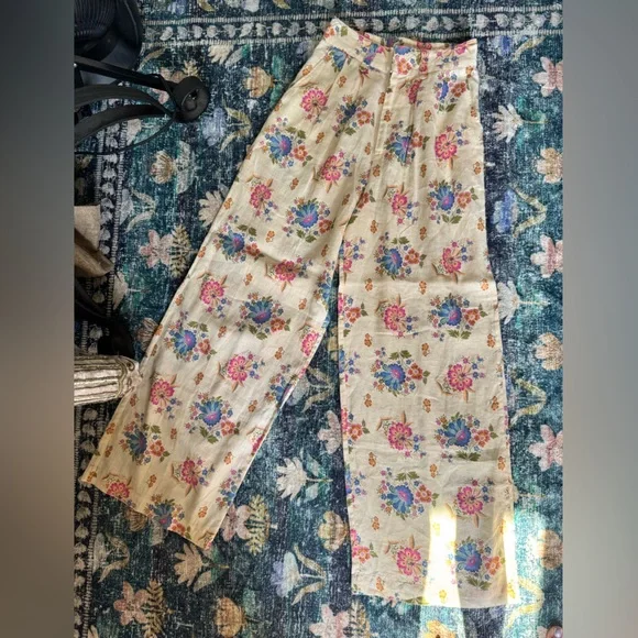 Spell Solstice Floral Wide-Leg Linen Pants - Cream and Pink